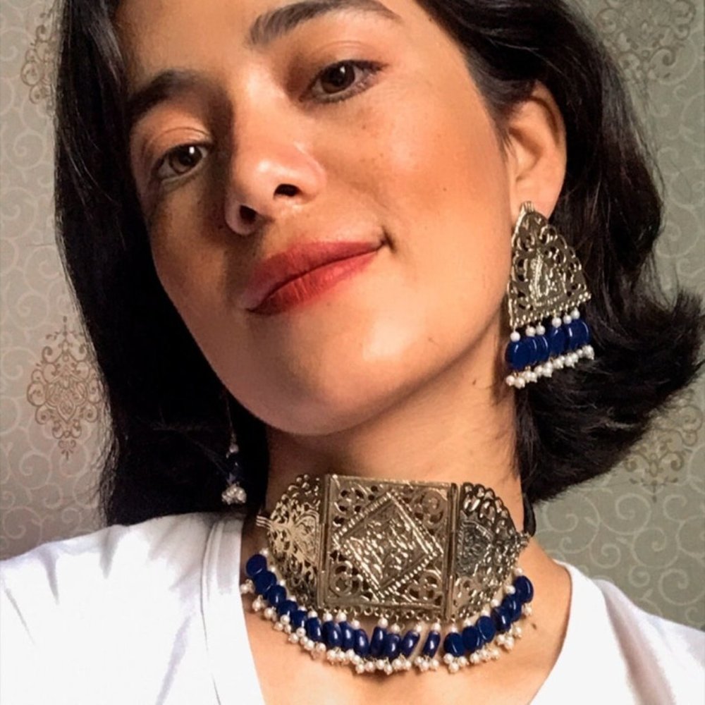 Vintage Kuchi Jewelry Set: Tribal Choker & Earrings with Blue Beads